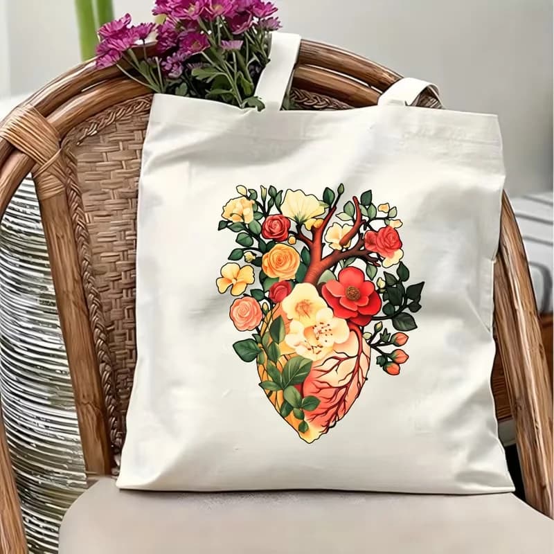 Anatomical Human Heart Full Of Colorful Roses Print Canvas Tote Bag Reusable Shoulder Handbag Floral Art Travel Daily Bag