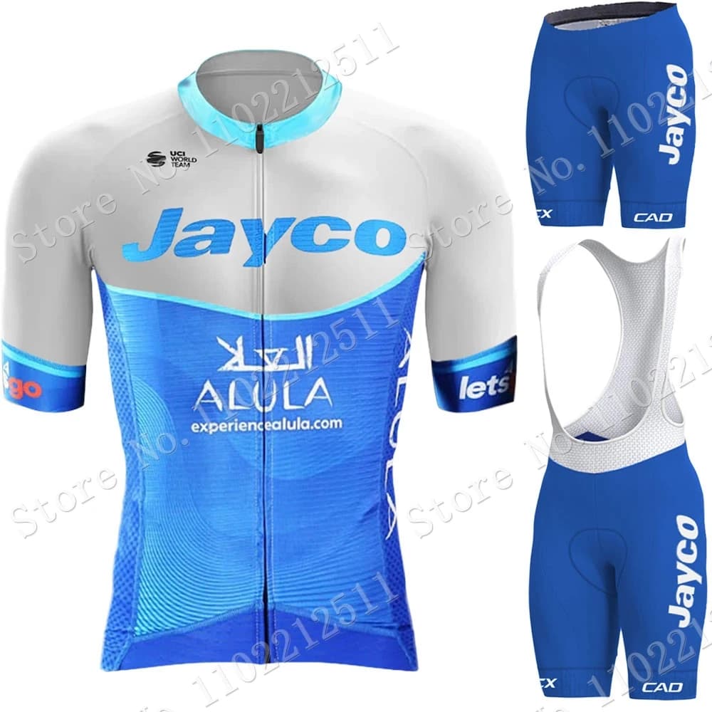 Team Jayco Alula 2023 Cycling Jersey Short Sleeve Set Blue Men's Clothing Road Bike Shirts Bicycle Jumpsuit Shorts with MTB Maillot straps