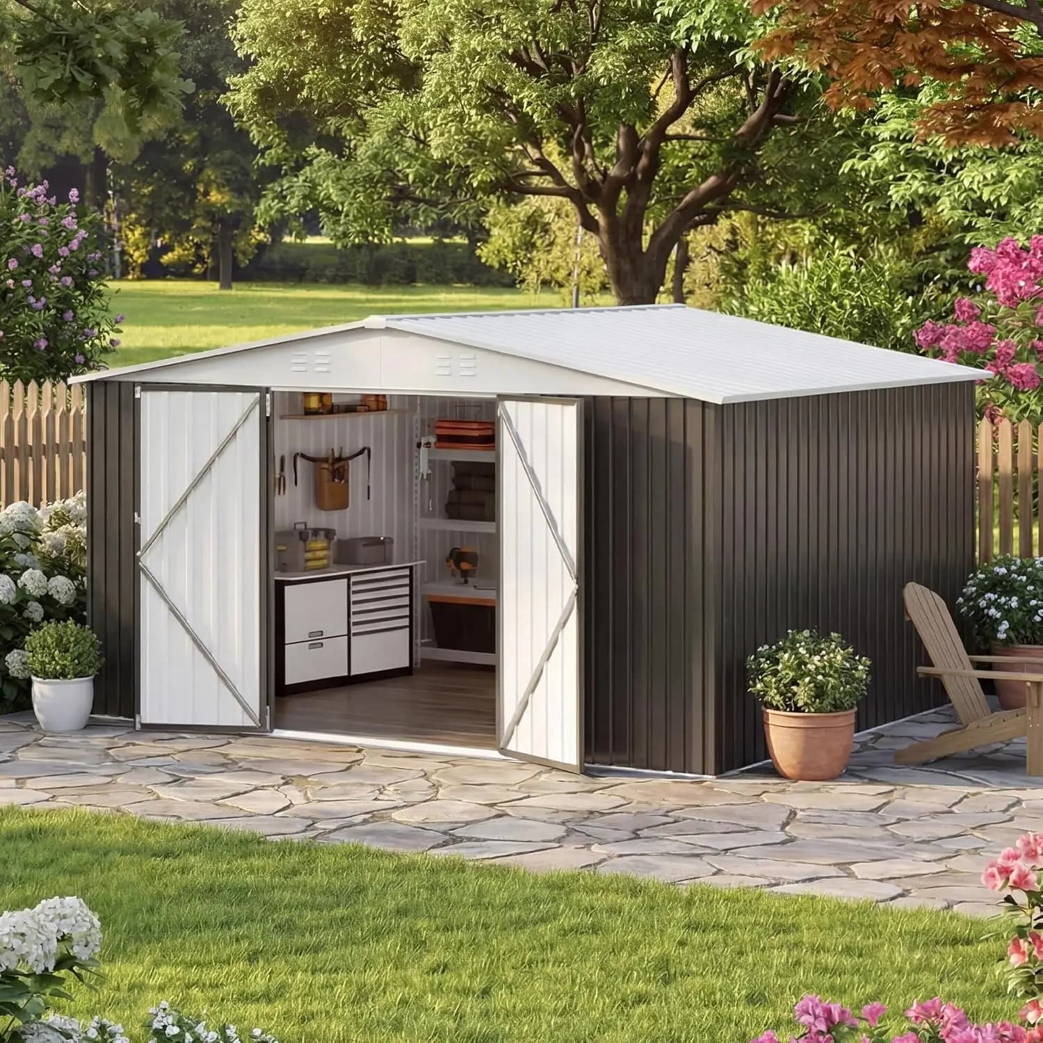 Capanno da Giardino 12x14 FT, Struttura Rinforzata e Porte Chiudibili a Chiave, Casetta Attrezzi in Metallo per Giardino, Personalizzabile