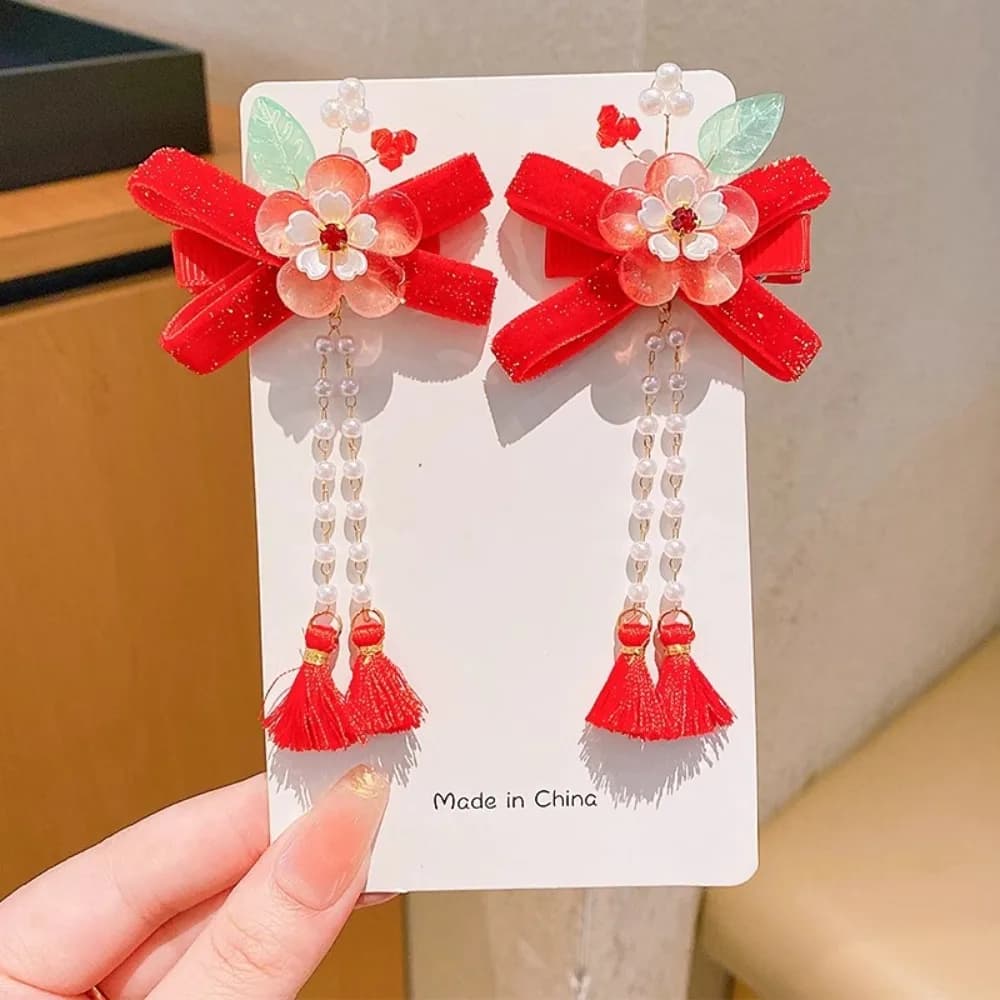 Chinese Style Children's New Year Hairpin Tang Suit Cute Red Bow Barrettes Hanfu Headwear Flower Ancient Style Hair Clips Girls