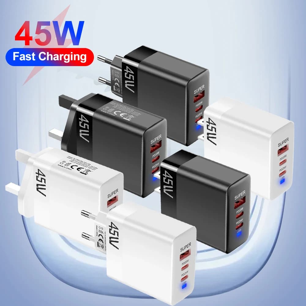 Caricabatterie USB PD a 3 porte da 45W ricarica rapida QC3.0 adattatore per caricabatterie da muro con spina EU/US/UK per iPhone Xiaomi Samsung