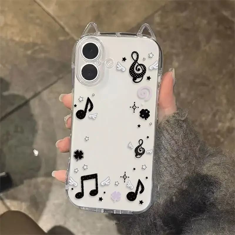 Custodia Morbida Creativa con Note Musicali e Ali per iPhone 17 16 15 14 13 12 11 Pro Max 17 Air XSMax XS XR X 7 8 Plus, con Orecchie da Gatto