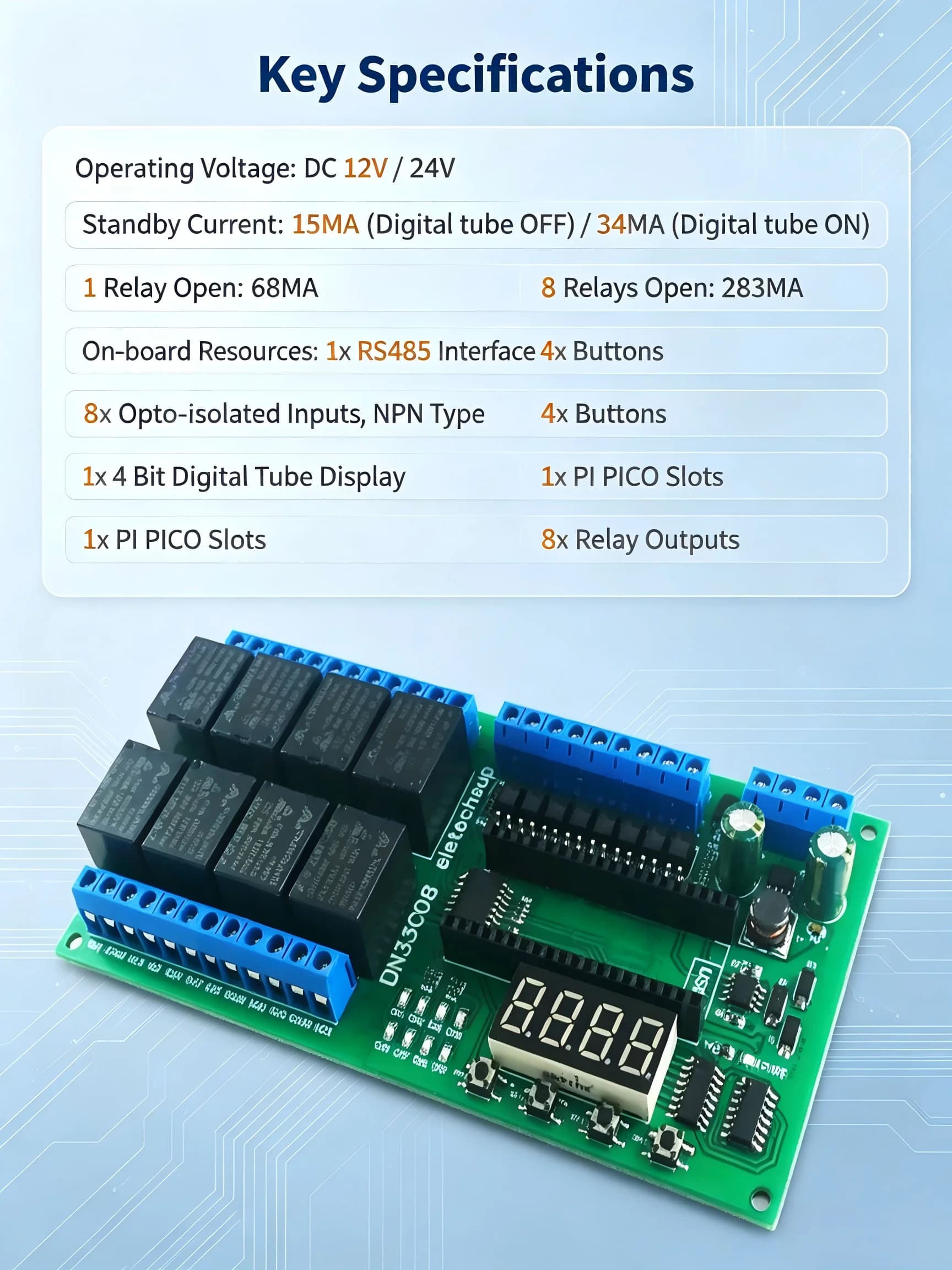 8 Channel Delay Timer Relay Module 12V 24V DC Modbus RTU RS485 for Raspberry Pi Pico Open PLC Industrial Control