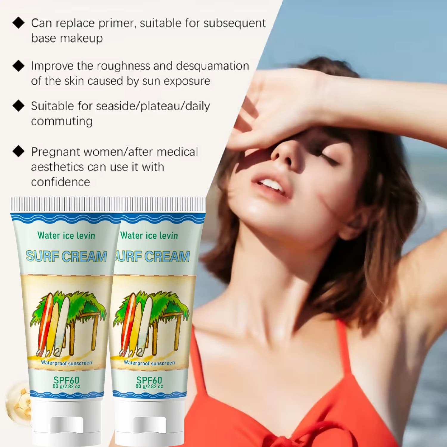 Crema Solare Resistente all'Acqua SPF60, Idratante e Rassodante per Viso e Corpo con Collagene e Acido Ialuronico, 80g