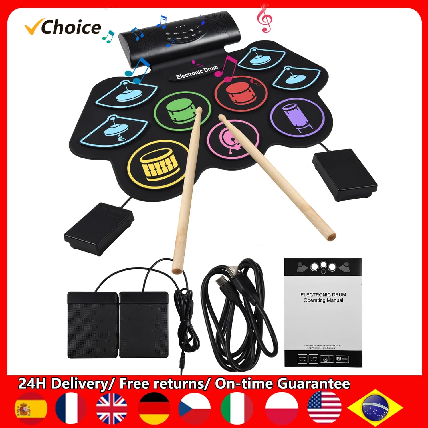 Batteria elettronica rullo a mano tamburo strumento a percussione 9 pad BT suono esterno bacchette pedale altoparlante interfaccia MIDI