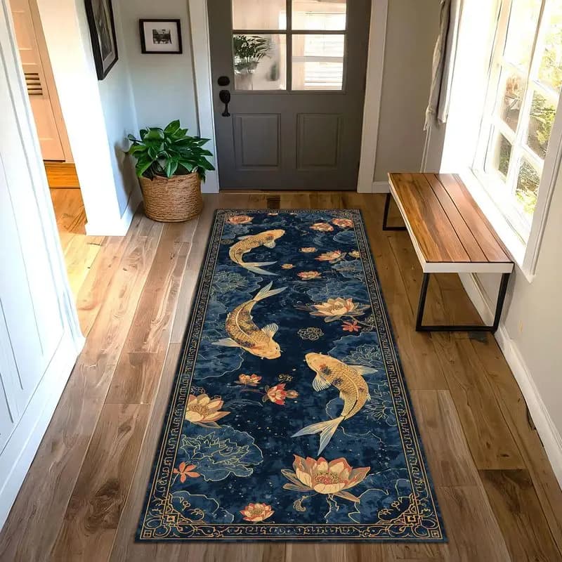 VIKAMA Chinese Koi Lotus Runner Rug Oriental Non-Slip Hallway Carpet Entryway Indoor Floor Mat Zen Home Decor