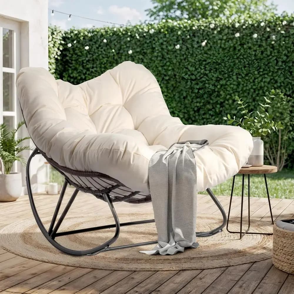 Papasan Rocking Chair Outdoor, Patio Rocking Chair with Cushion, Comortable Lounge Chair Weatherproo or Garden, Yard, Outdoor/In