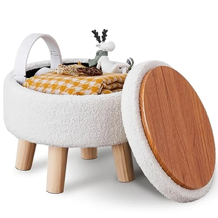 Poggiapiedi Contenitore Moderno Rotondo con Seduta Imbottita Morbida, Poggiapiedi in Velluto Teddy con Gambe in Legno, Tavolino d'Appoggio o Supporto per Piante