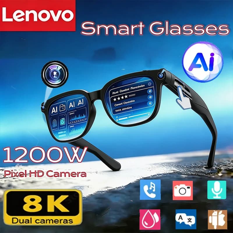 Occhiali da Sole Intelligenti AI Lenovo 8KHD con Controllo Touch, Fotocamera, Registrazione, Traduttore, Assistente Vocale, Musica e Connessione Bluetooth Wireless