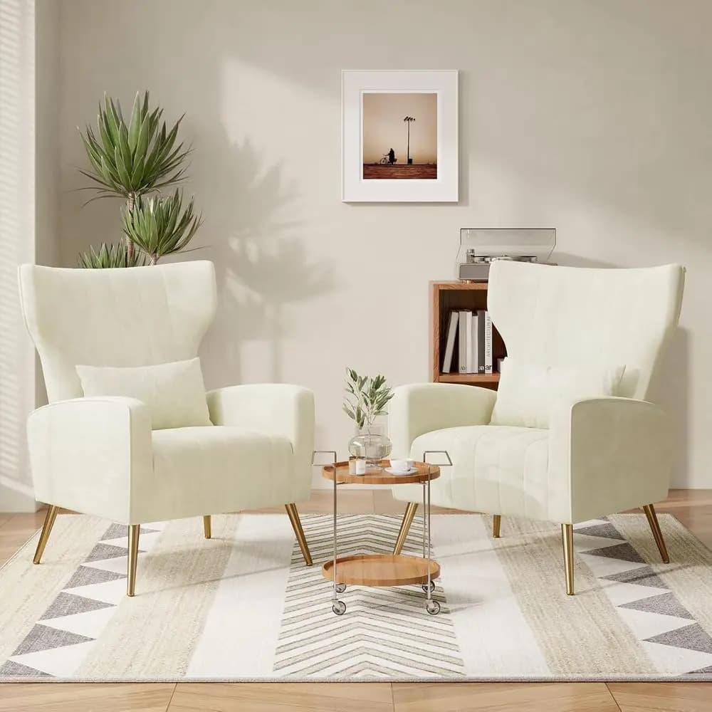 Coppia di Poltrone Wingback per Soggiorno, Schienale Alto con Seduta Imbottita, Poltrone Beige con Cuscini Lombari