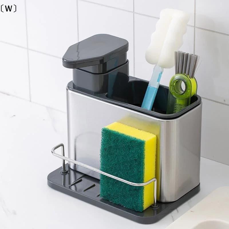 〔W〕3 In 1 Kitchen Stainless Steel Tableware Soap Dispenser Sponge Holder Sink Organizer Drain Rack For Kitchen Sinks