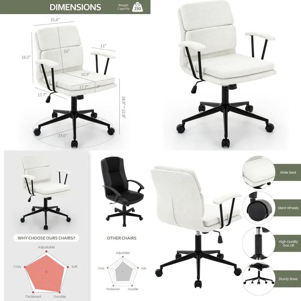 Sedia da computer ergonomica con schienale medio, braccioli rimovibili, doppio cuscino, 135 ° Dondolo con ruote, bianco