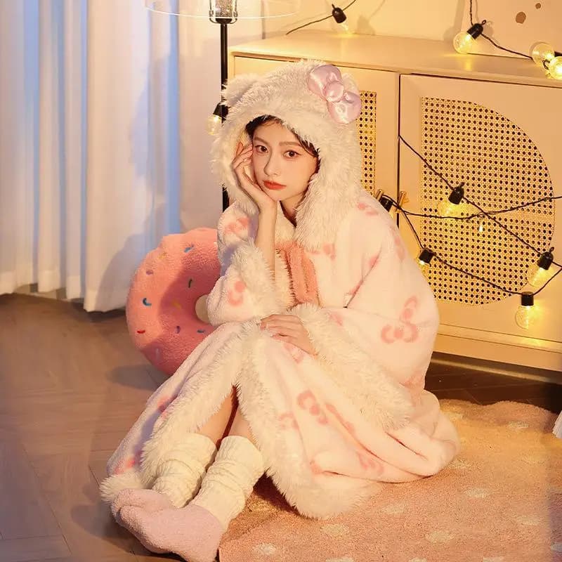 Kawaii Hello Kitty Camicia da notte con cappuccio Pigiama Mantello da ragazza Carino Autunno Inverno Velluto Addensato Dolce Pigiama Casual Vestiti per la casa