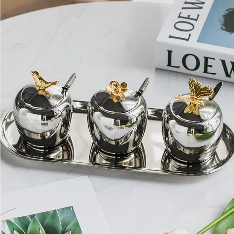 Set di barattoli per condimenti in acciaio inossidabile Barattolo di spezie Set da 3 pezzi Forniture da cucina Contenitore per spezie Barattolo per condimenti Scatola per condimenti Saliera
