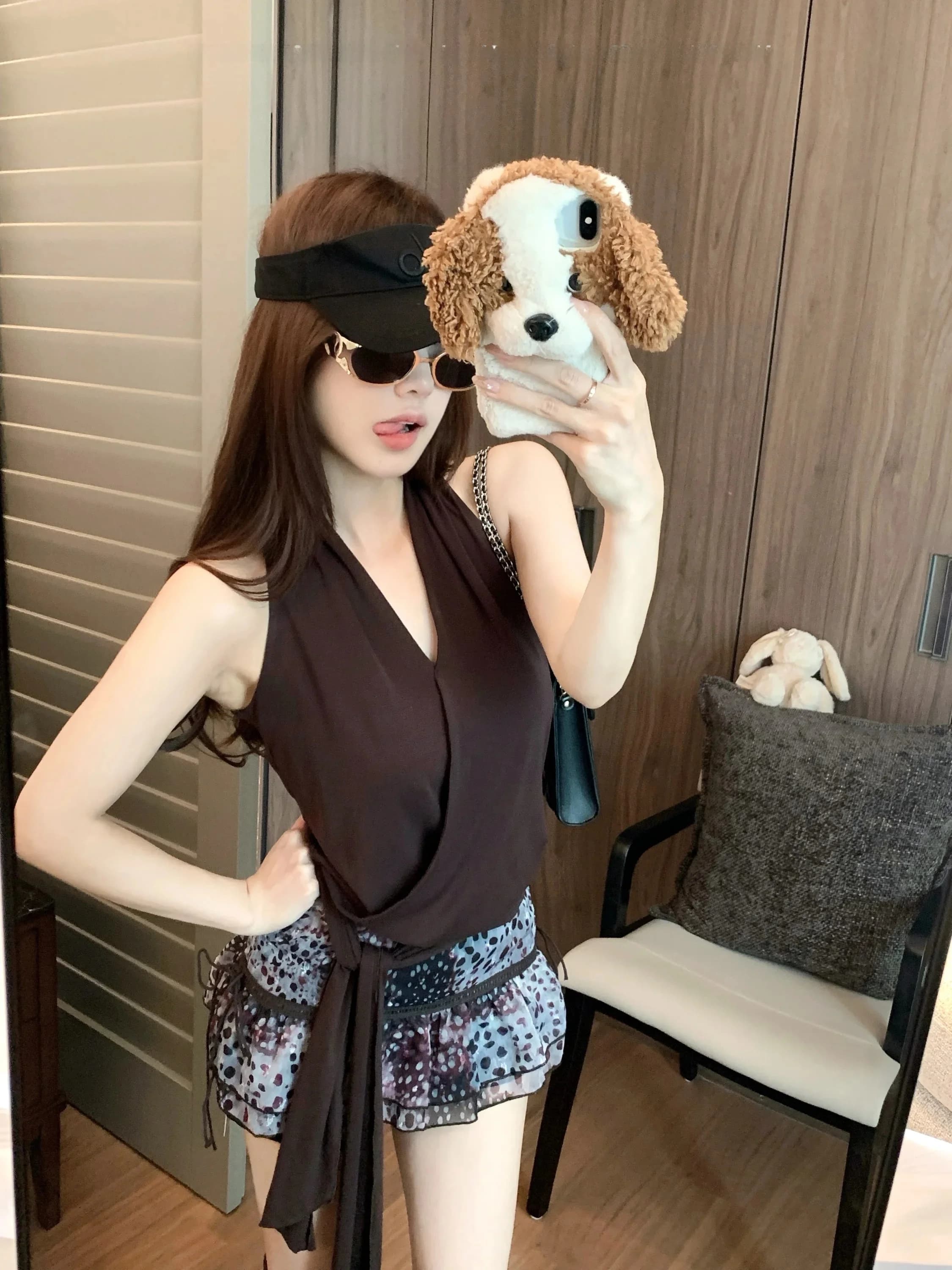 Retro Sash V-Neck Sleeveless Top Women's Summer Fashion Set High Waist Leopard Print Skirt Two-Piece Set Commute Style