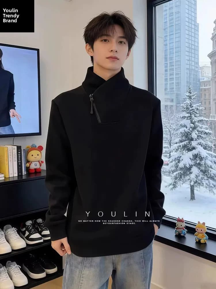Men's Fce Lined Hoodie Zipper Ne Winter Long Sve T-irt Bla Casual Warmth Polyester Fiber High Collar American Sle