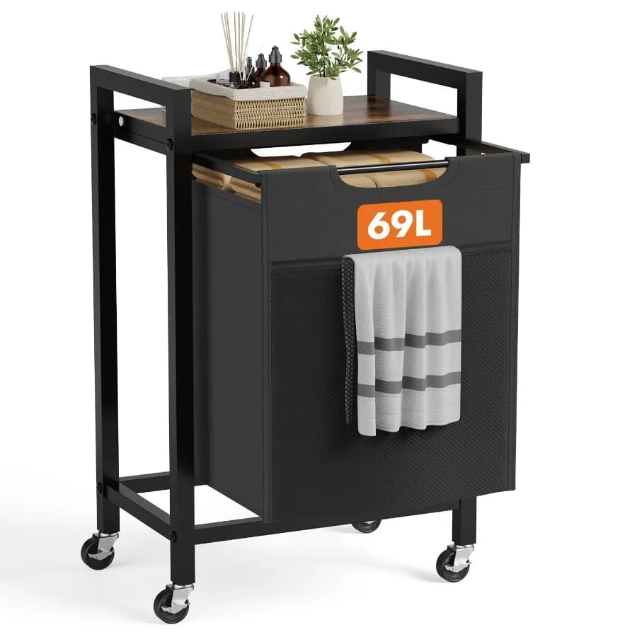 Laundry Basket Laundry Sorter with Shelf and 1 Pull-Out Removable Bags Castors and Adjustable Feet 12.4 Gallons 47 Liters for L