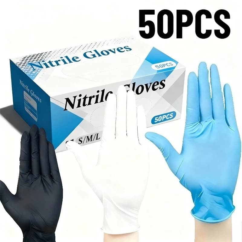Guanti monouso in nitrile nero blu bianco da 50 pezzi per la pulizia della parrucchiere, impermeabile, per lavare i piatti, tatuaggi, cucina di casa