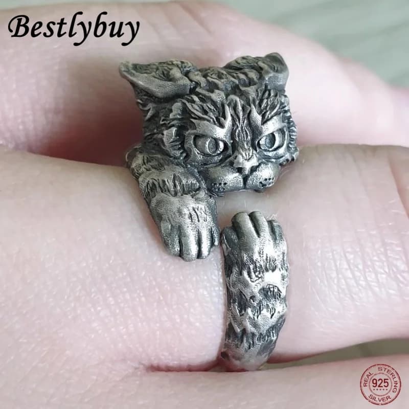 davvero anello da donna in argento sterling 925 retrò tailandese russo 3D con gatto carino