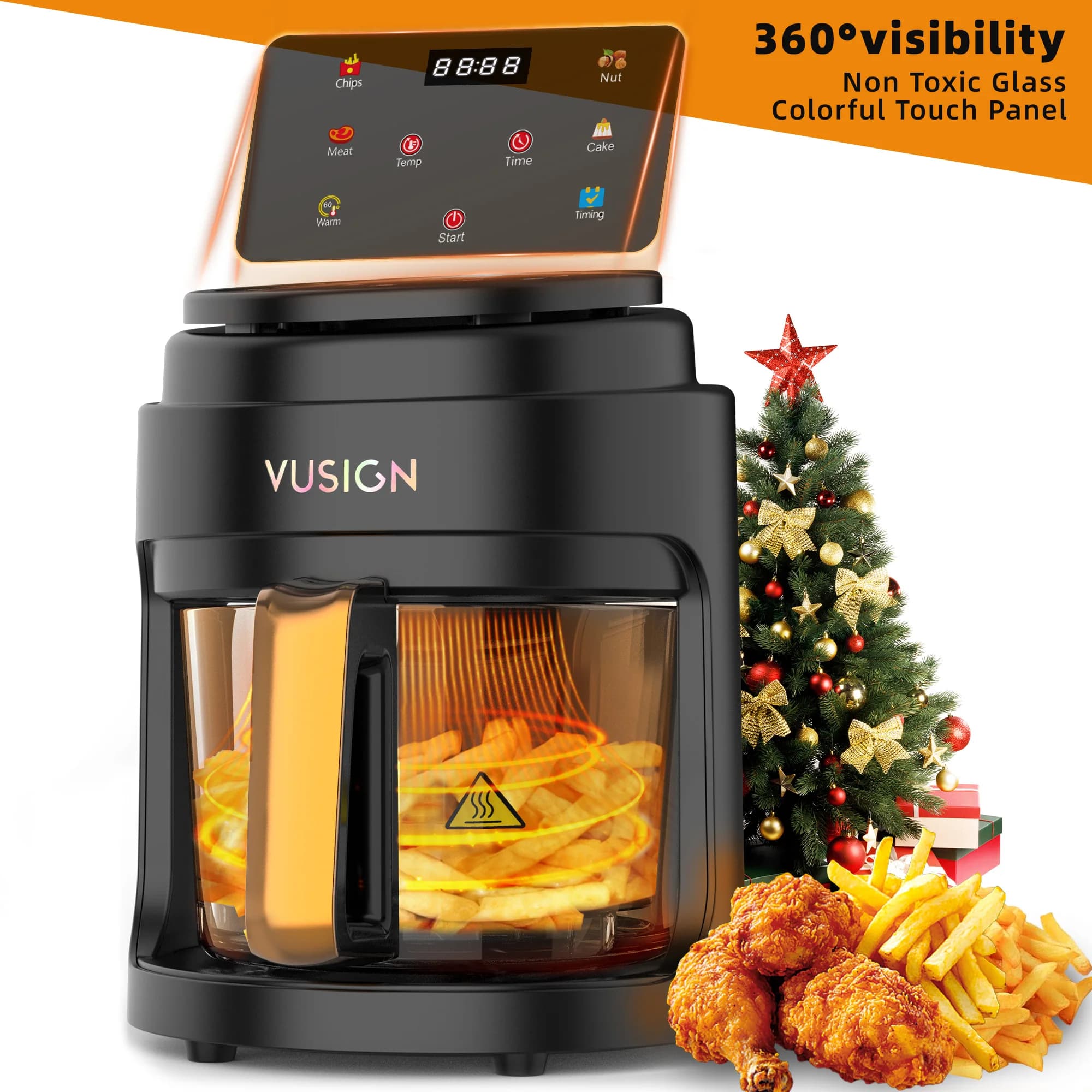 Friggitrice ad aria Deli da 5 litri con finestra in vetro, touchscreen digitale da 1000 W, lavabile in lavastoviglie, nera