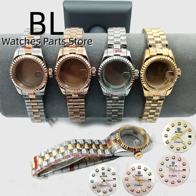 BLIGER 26mm NH05 NH06 Silver Gold Rose Gold watch case with pearl dial Hands set for women watch Date Sapphire crystal