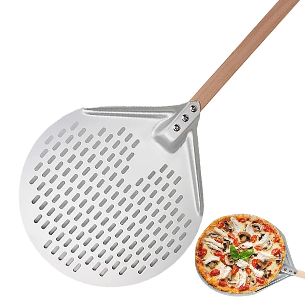 Pala per pizza perforata in alluminio anodizzato duro da 12/14 pollici con manico in legno, pala per pizza fatta in casa
