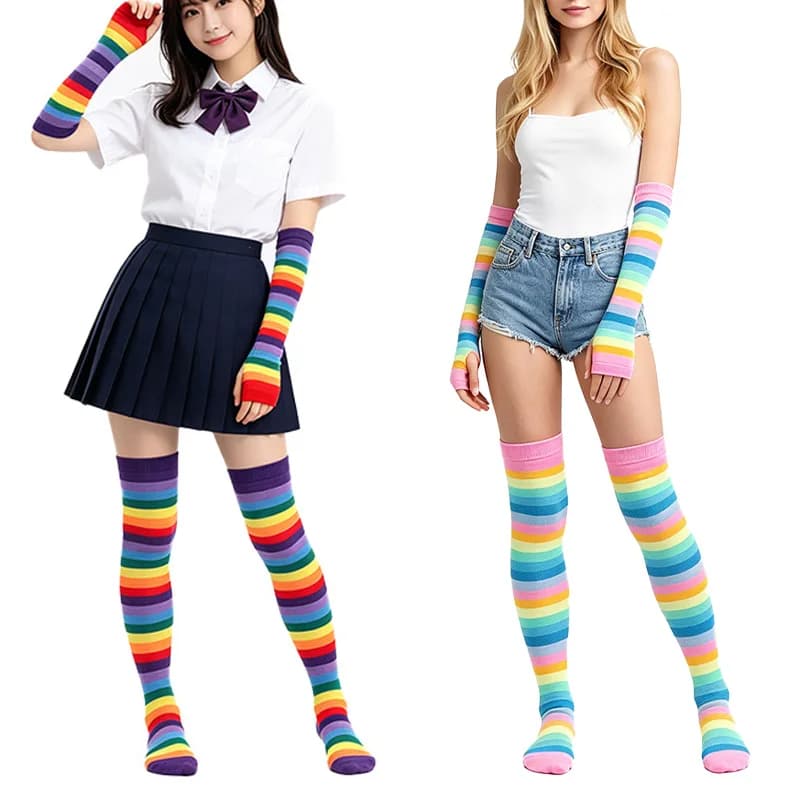 1 Set Rainbow Gloves Over Knee Thigh High Socks Set for Girls School JK Uniform Cosplay Accessories Arm Leg Warmers Oversleeves