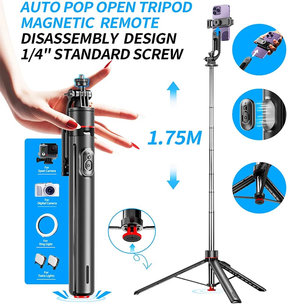 MEUYAG Auto Pop Open Treppiede Selfie Stick per riprese su cellulare con telecomando Bluetooth wireless magnetico, luce di riempimento opzionale