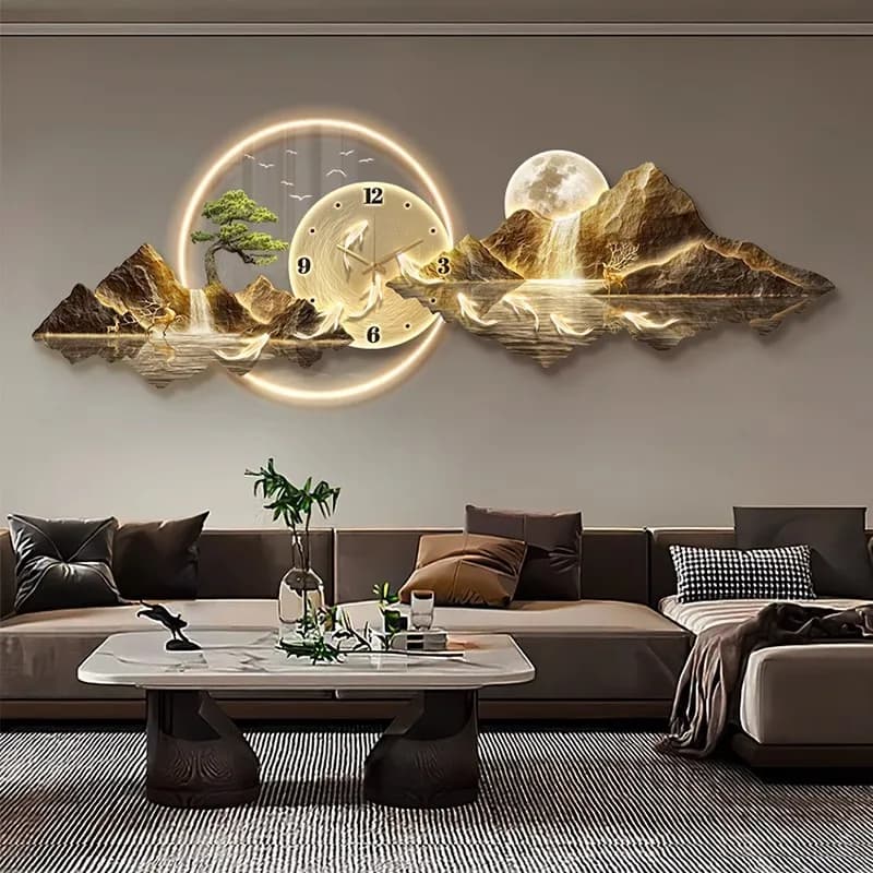With clock hanging wall living room painting decorative modern light luxury sofa background hanging wall painting high-end wall