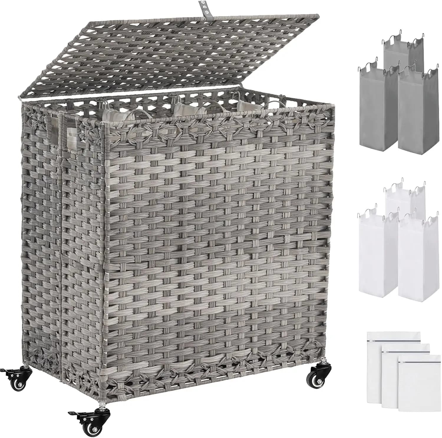 Cesto Portabiancheria a 3 Scomparti con Coperchio, 50,2 Galloni, in Rattan Intrecciato a Mano, 6 Sacchi Interni e 3 Sacchi in Rete, Grigio