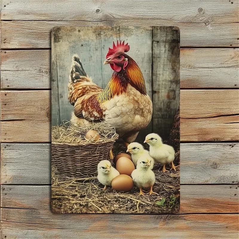 Targa Vintage in Metallo con Galline e Pulcini, 8x12 Pollici, Decorazione Murale Retrò in Ferro per Cucina, Caffè, Patio, Man Cave