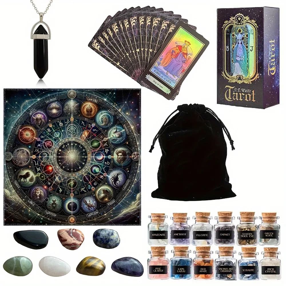Set di carte dei tarocchi 1 mazzo da 78 carte Mini vasi di cristallo 7 pietre Chakra Borsa portaoggetti con ciondolo tovaglia per gli appassionati di divinazione