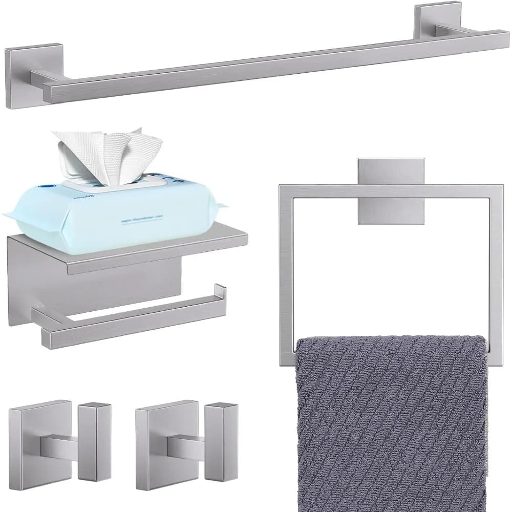 Set di accessori per il bagno da 5 pezzi in nichel spazzolato, portasciugamani con ripiano per carta igienica, montaggio a parete in acciaio inossidabile