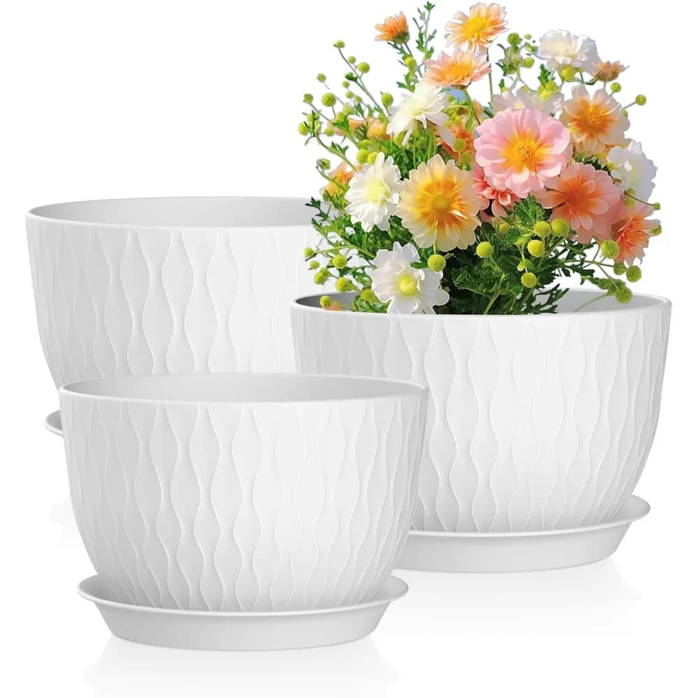 3 Pack Large Plant Pots, Indoor Outdoor Plastic Planters with Drainage Holes, White Flower Containers