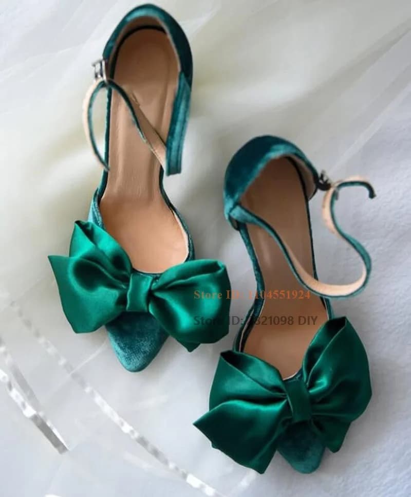 Suede Leather with Green Big Bowknot Decor Sandalias Women Open Toe High Heel Sandals Bowtie Ladies Concise Summer Dress Shoes