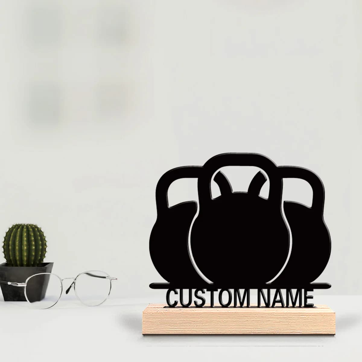 Custom Kettlebell Shape Metal Statue with Wood Base, Living Room Wall Decor, Garage, Modern Industrial Style