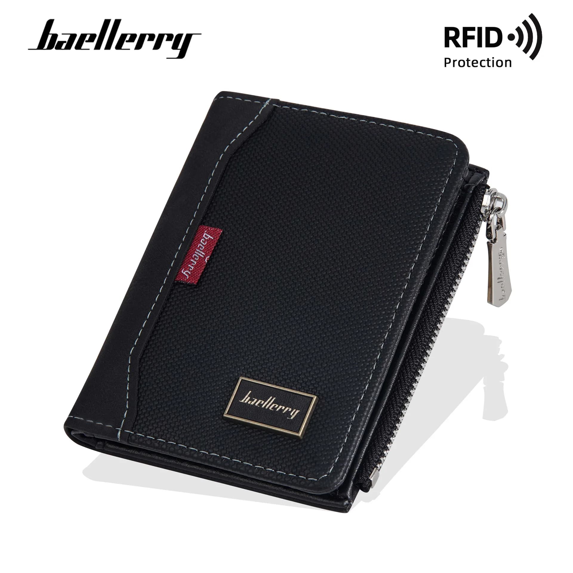 Portafoglio da uomo Baellerry con blocco RFID, semplice, con cerniera, porta carte, tasca porta foto e porta monete - Design di lusso