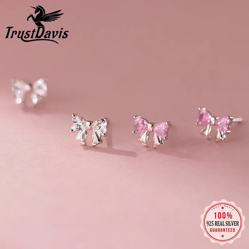 TrustDavis Reale 925 Sterling Silver Moda Dolce Sveglio Zircone Bowknot Orecchini con perno per Le Donne Ragazze Regalo Dei Monili DS4744
