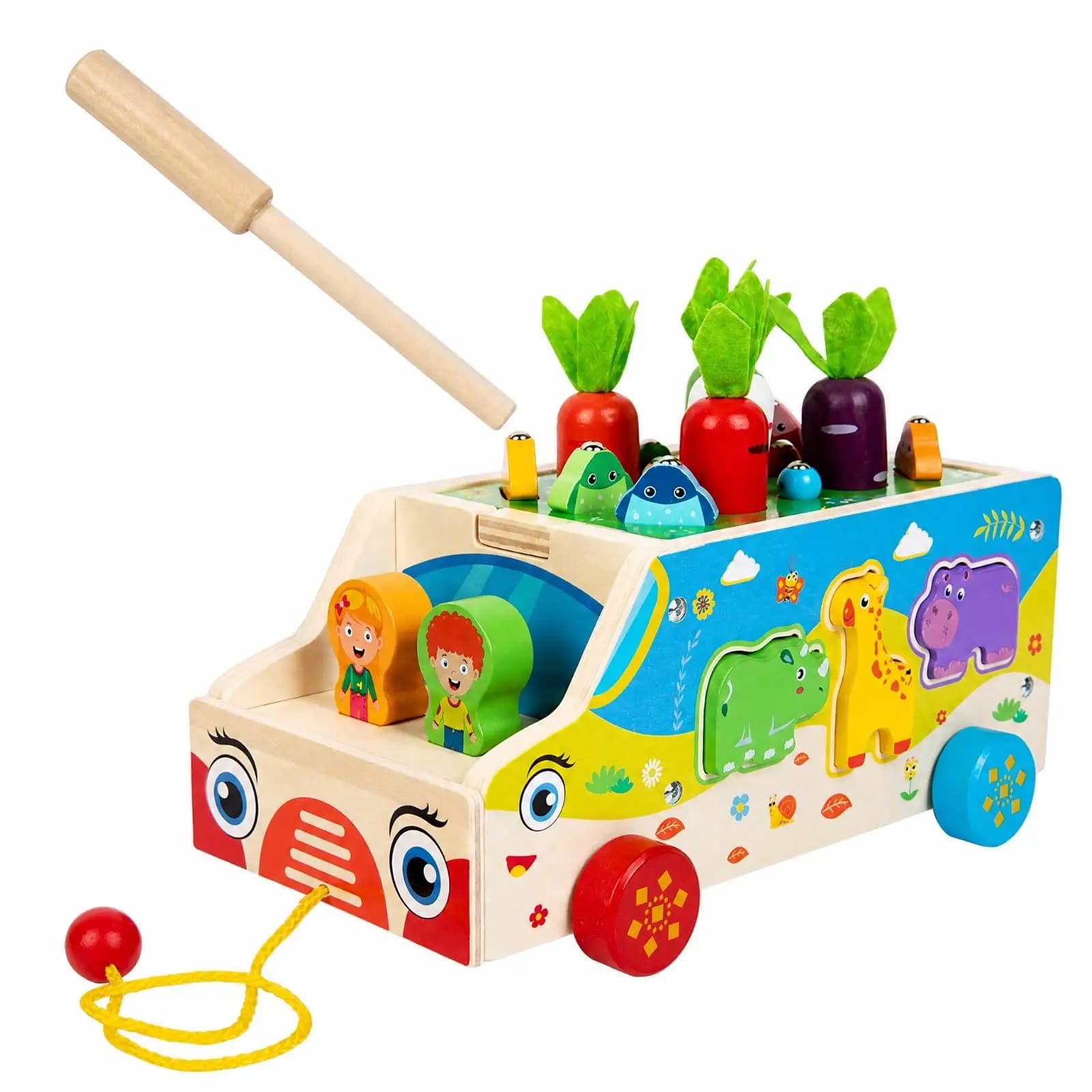 Educational Wooden Shape Sorter Pull Along Cart Toy for Toddler Boys Girls Travel Fun