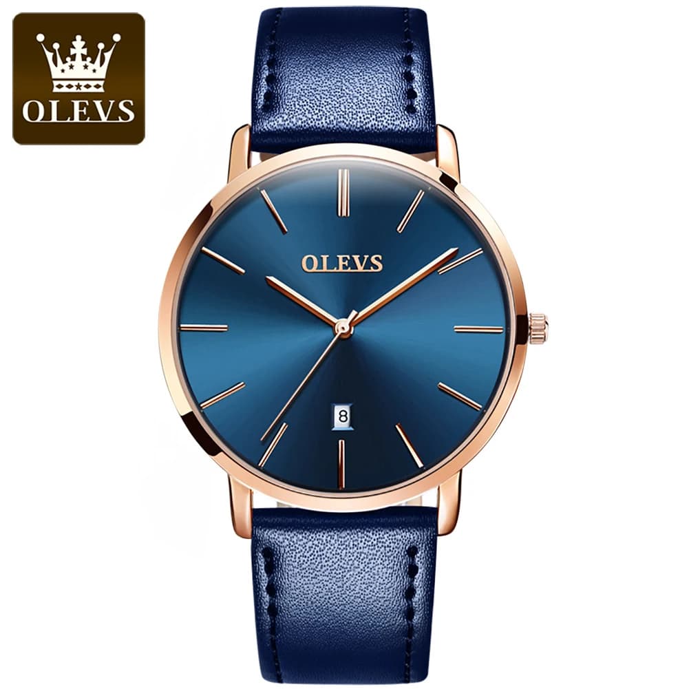 OLEVS Men's Original Quartz Watch Waterproof Men's Watch Business Men's Wrist Watch with Leather Strap with 6.5mm Ultra Slim Date