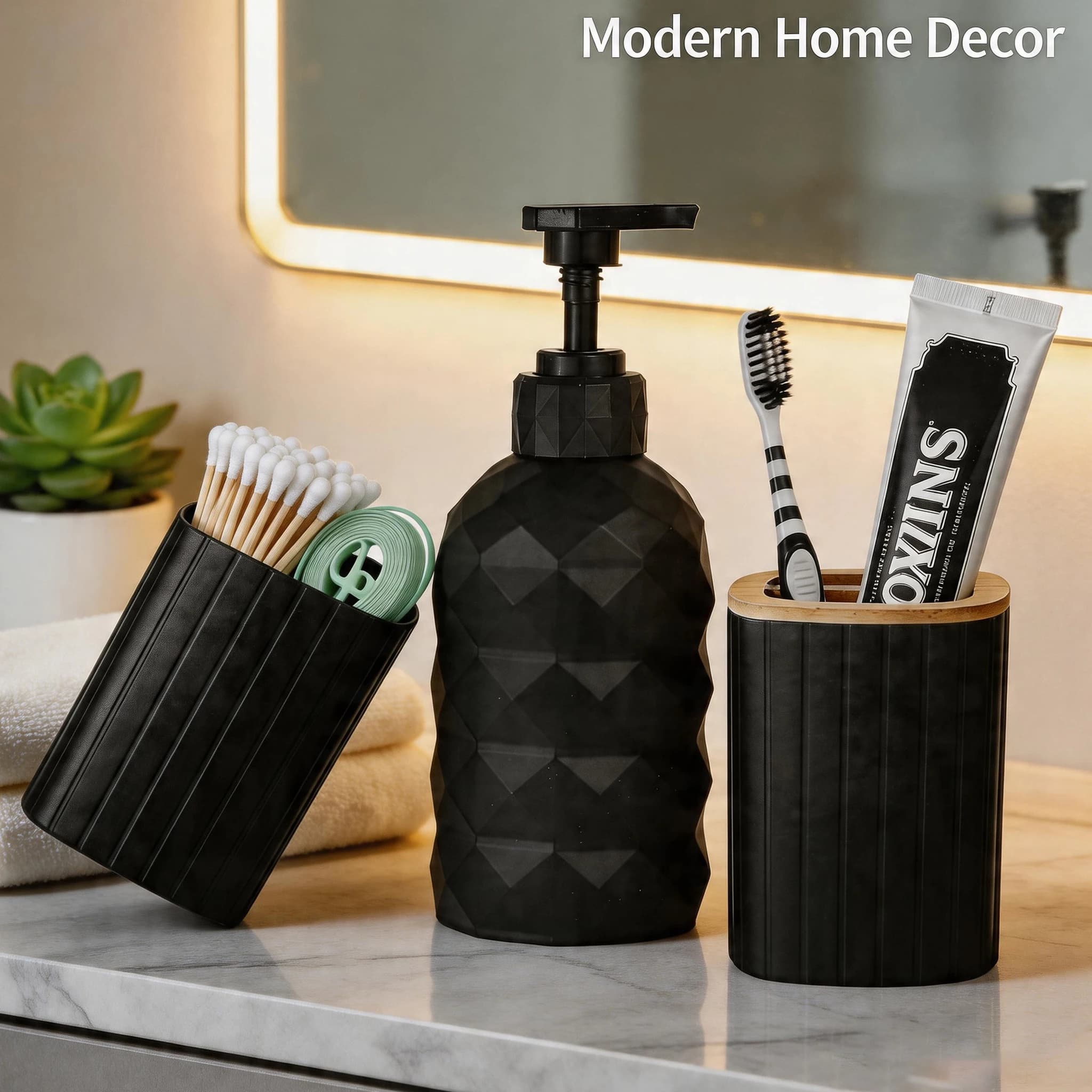 Accessori Neri per Bagno, Dispenser Sapone Liquido, Porta Spazzolini, Contenitore per Bastoncini di Cotone per Arredamento e Organizzazione Stile Rustico