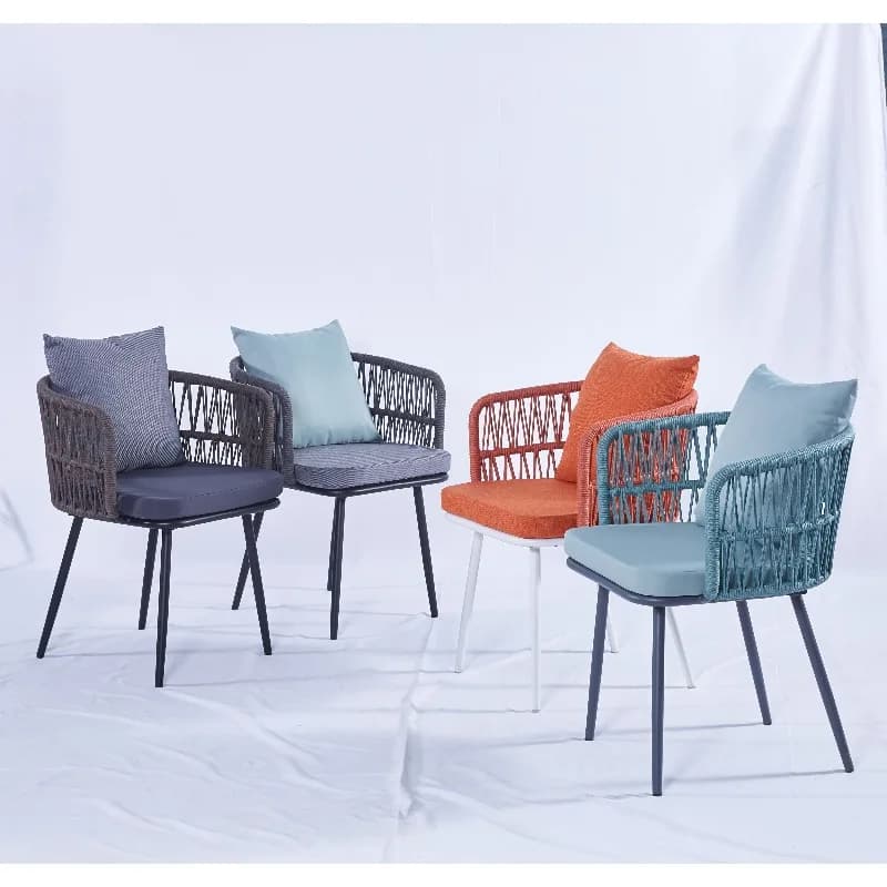 2023 Design Woven Rope Outdoor Furniture Wholesale Iron Frame Metal Steel Patio Cafe Garden Dining Chair with Waterproof Cushion