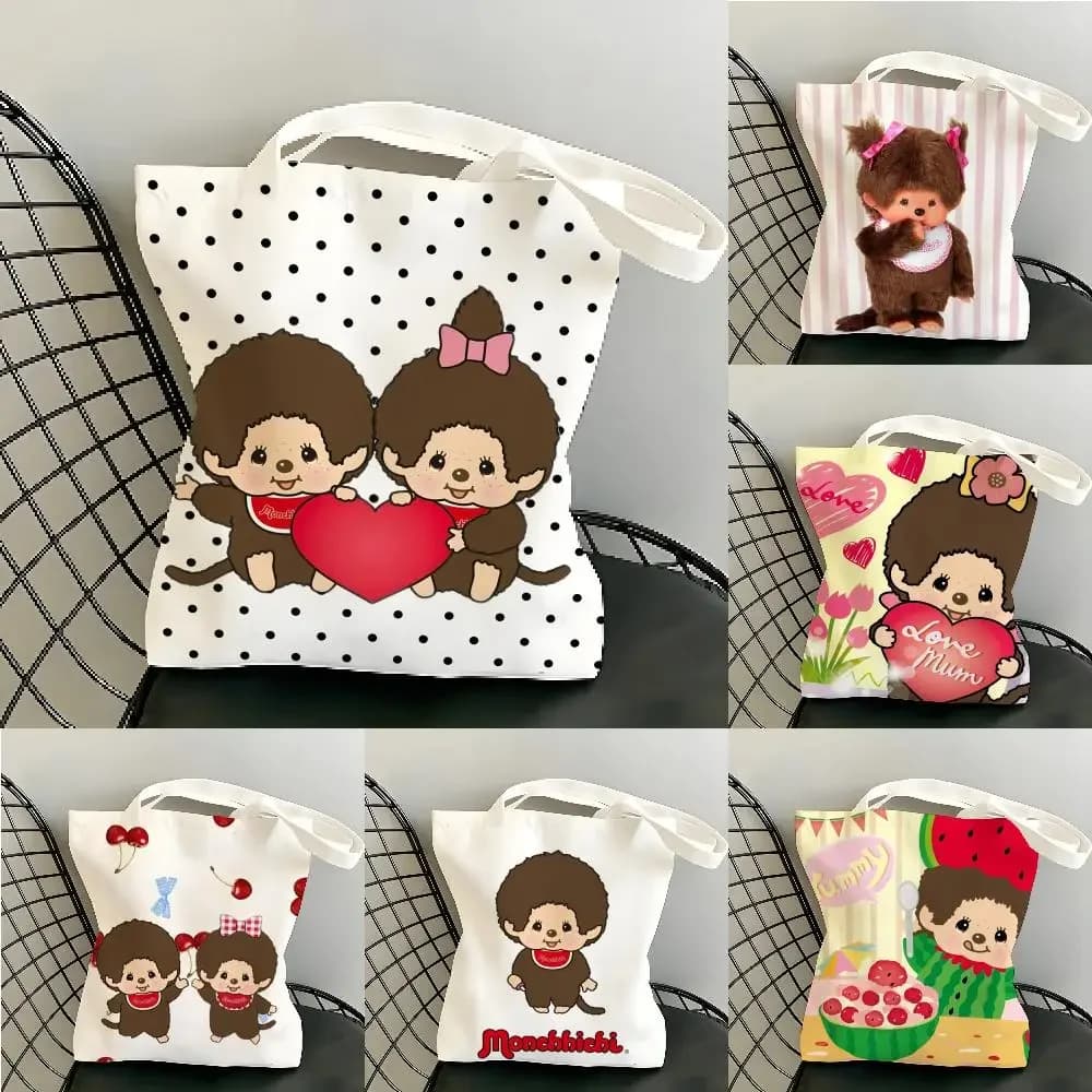 M-Monchhichi Cute Storage Bags Canvas Tote Bag Women Large Capacity Reusable Eco Shopping Shoulder Handbag