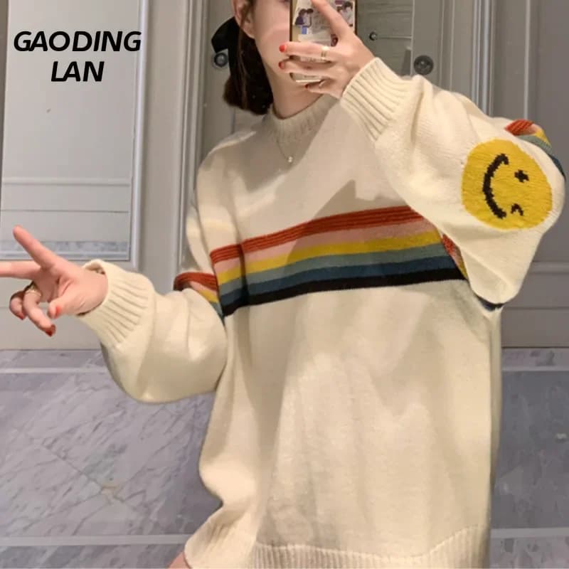 Maglioni girocollo a righe arcobaleno simili a elfo da donna manica lunga viso sorridente top lavorati a maglia autunno inverno pullover di grandi dimensioni
