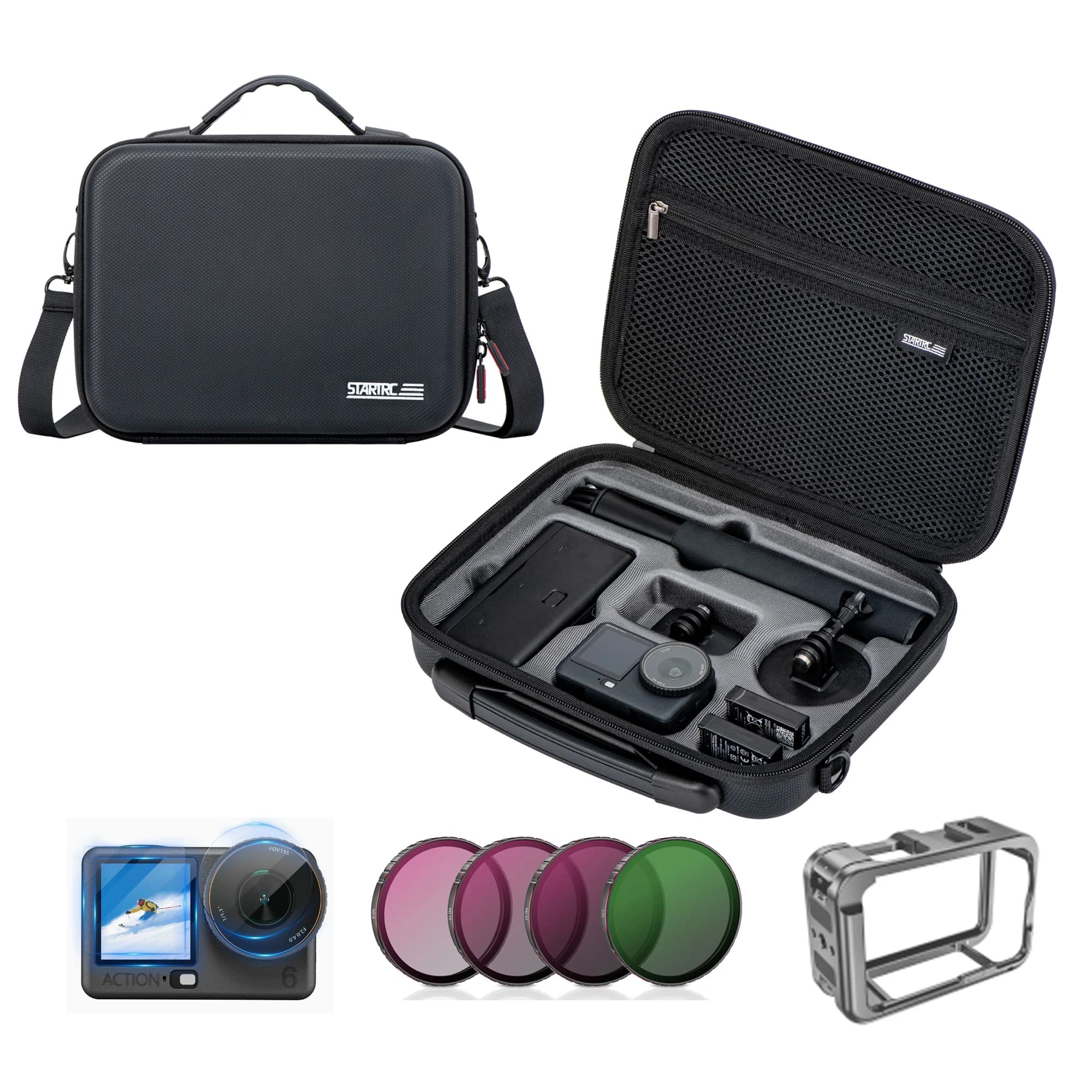 Borsa a tracolla per DJI Action 6, custodia per accessori fotocamera, borsa portatile in PU + telaio a gabbia metallica per filtri