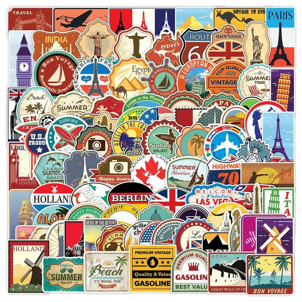 Adesivi da Viaggio Impermeabili 100 Pezzi, Decalcomanie Fai-da-Te per Laptop, Bottiglie d'Acqua, Scrapbooking, Sticker Story Store