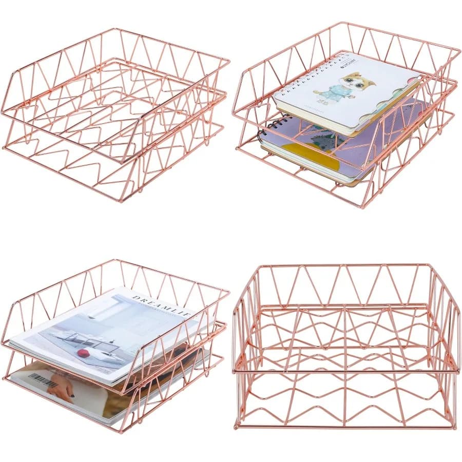 PAG Set di 2 forniture per ufficio Organizer per vassoio da lettere per documenti impilabili in metallo per scrivania in oro rosa - Ideale per l'home office