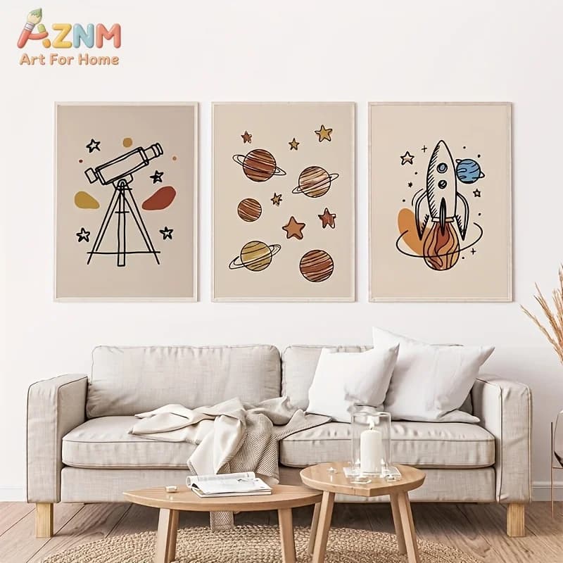 AZNM Boho Space Rocket Telescope Planet Canvas Wall Art, Neutral Beige Cartoon Astronaut Solar System Print Poster, Unframed Sin