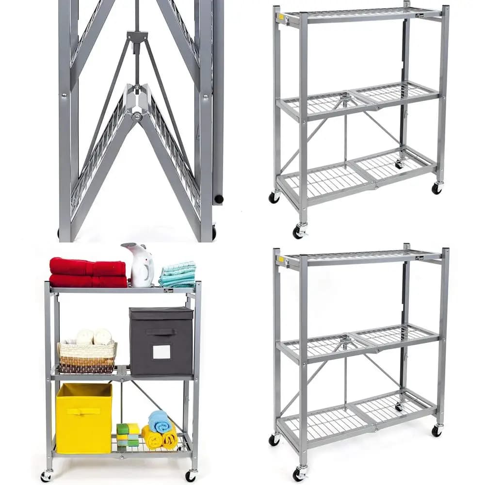 Scaffali in Acciaio a 3 Ripiani su Ruote - Capacità 340 kg, Organizzatore per Garage e Armadio, 29x13x35.5 Platinum R3