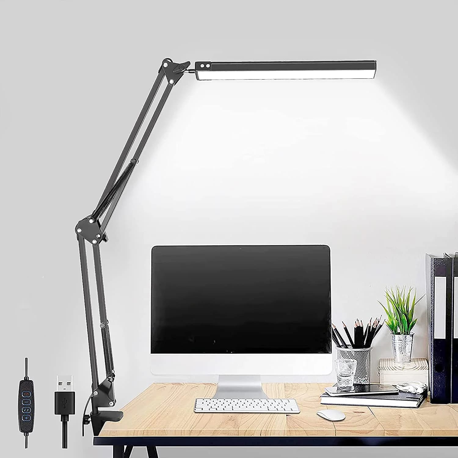Lampada da scrivania BLED, lampada da tavolo con braccio oscillante regolabile in metallo con morsetto, luce da scrivania per architetto con occhielli, 3 modalità di colore con funzione di memoria